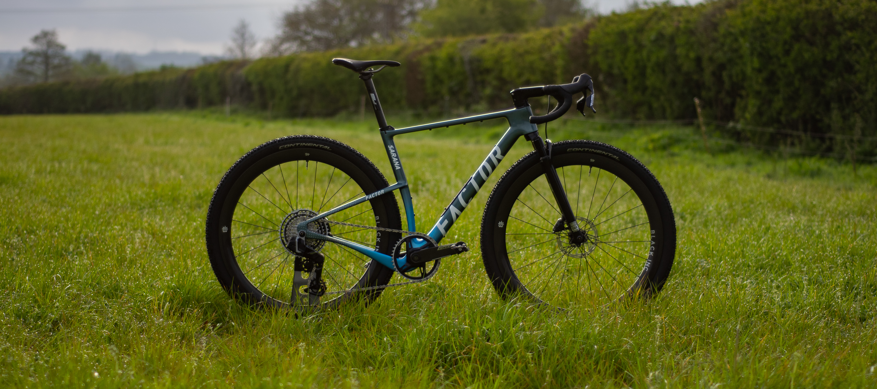 A blue Factor Sarana gravel bike in a grassy field with a hedge in the background