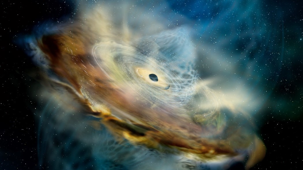 An artist's depiction of a supermassive black hole before flaring up.