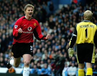 Ole Gunnar Solskjaer had to wait five years for his first experience of a Manchester derby after joining United a player