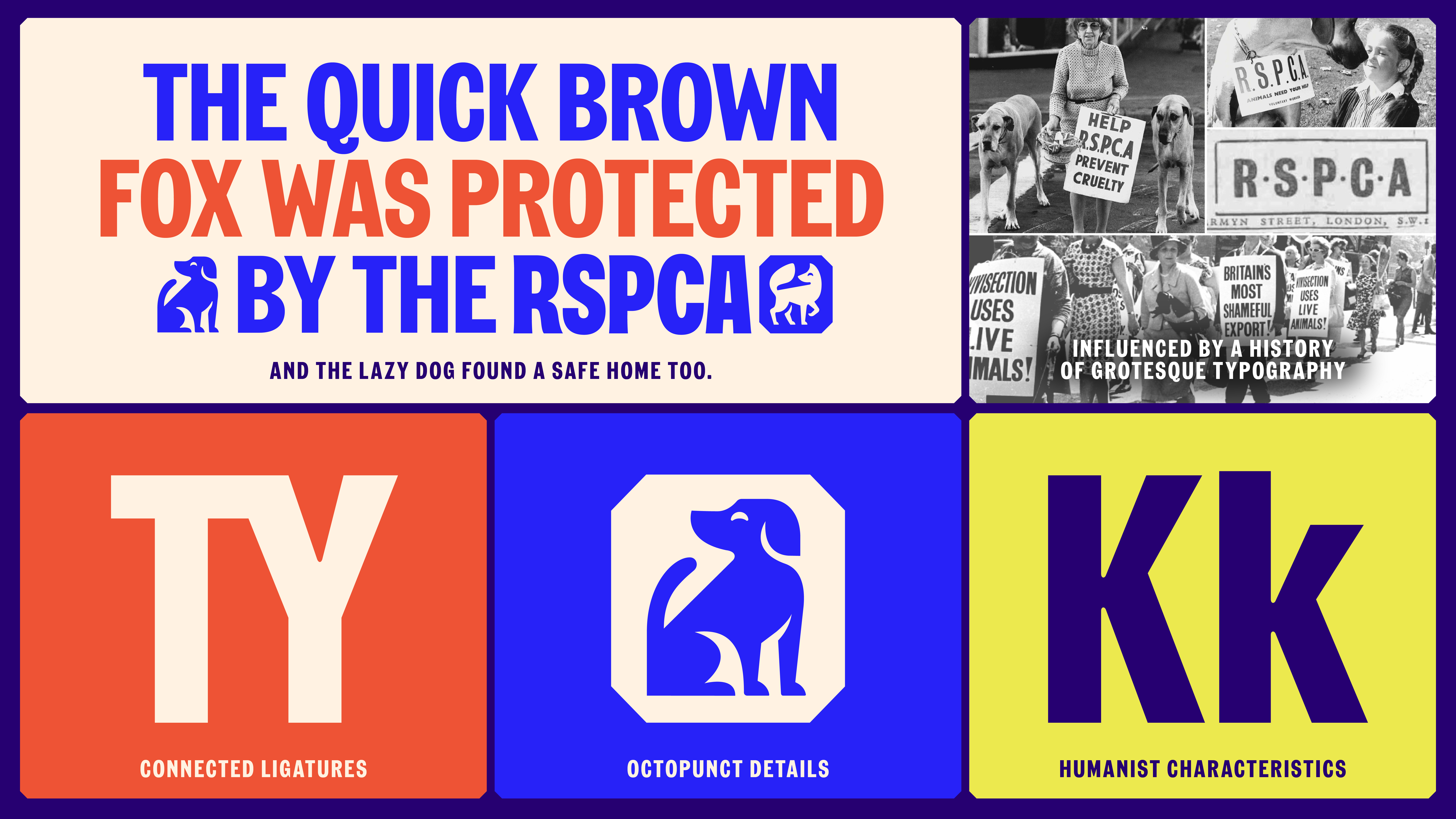 Demonstration of RSPCA Wilberforce Sans typeface, including example sentence