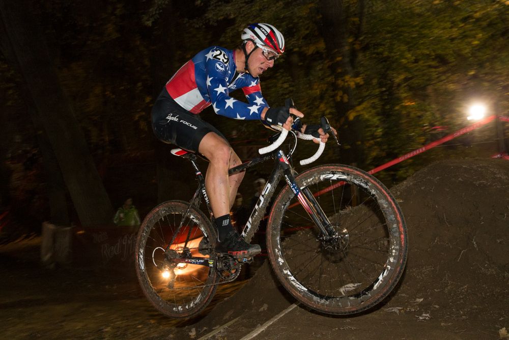 Jeremy Powers had to make up for lost time after a first-lap tangle in a crowded muddy section, but worked his way up from nearly mid-pack to the front in a few laps