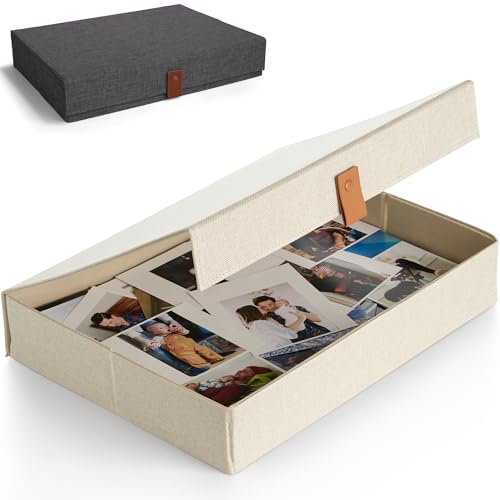 Zicoto Decorative Photo Storage Box With Lid - a Beautiful Linen Organizer Perfect to Safely Store Your Pictures, Documents, Scrapbooking Supplies, Keepsakes and Other Memories in Style