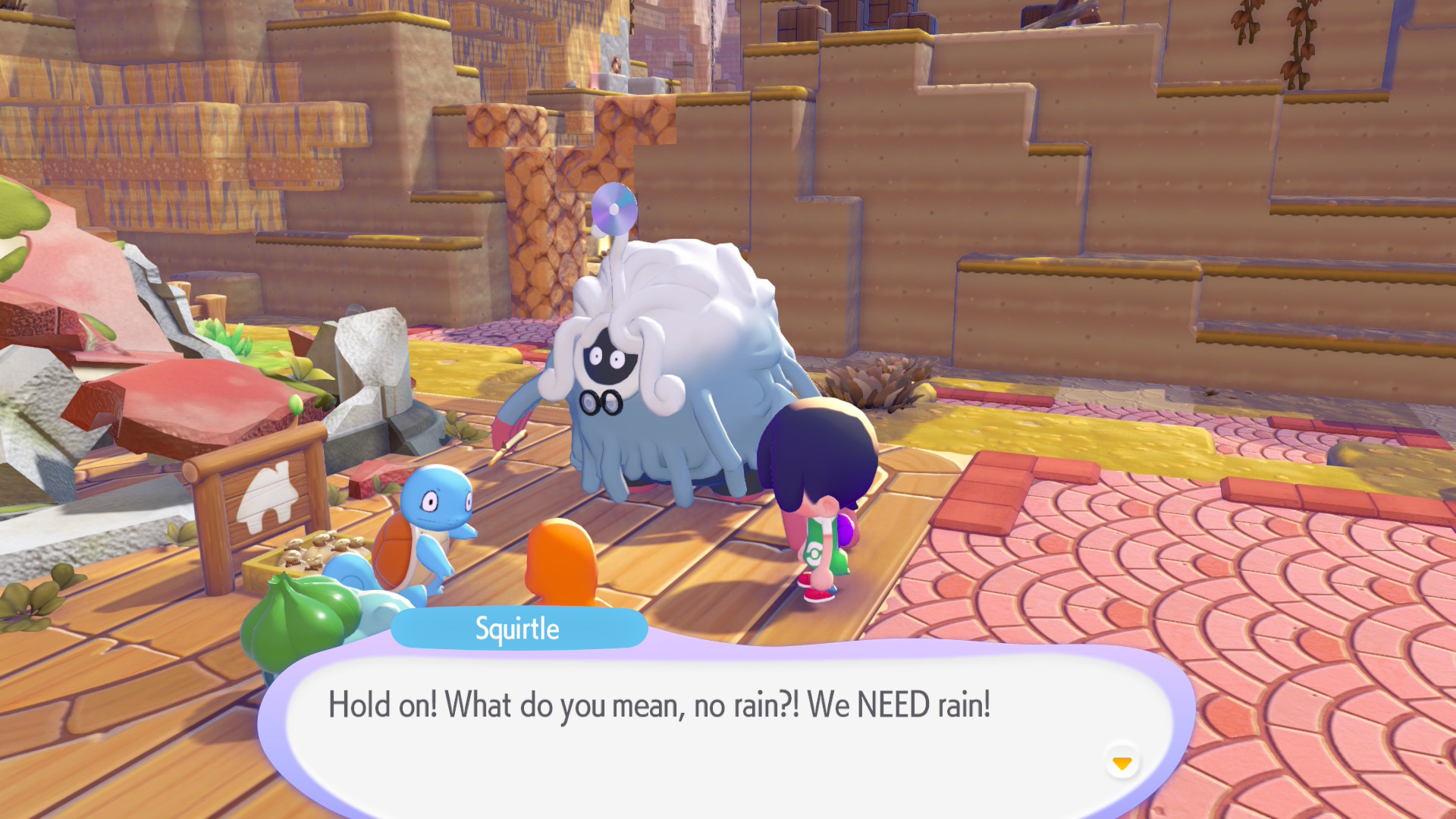 Pokemon Pokopia gameplay showing Squirtle saying "Hold on! What do you mean, no rain?! We NEED rain!"