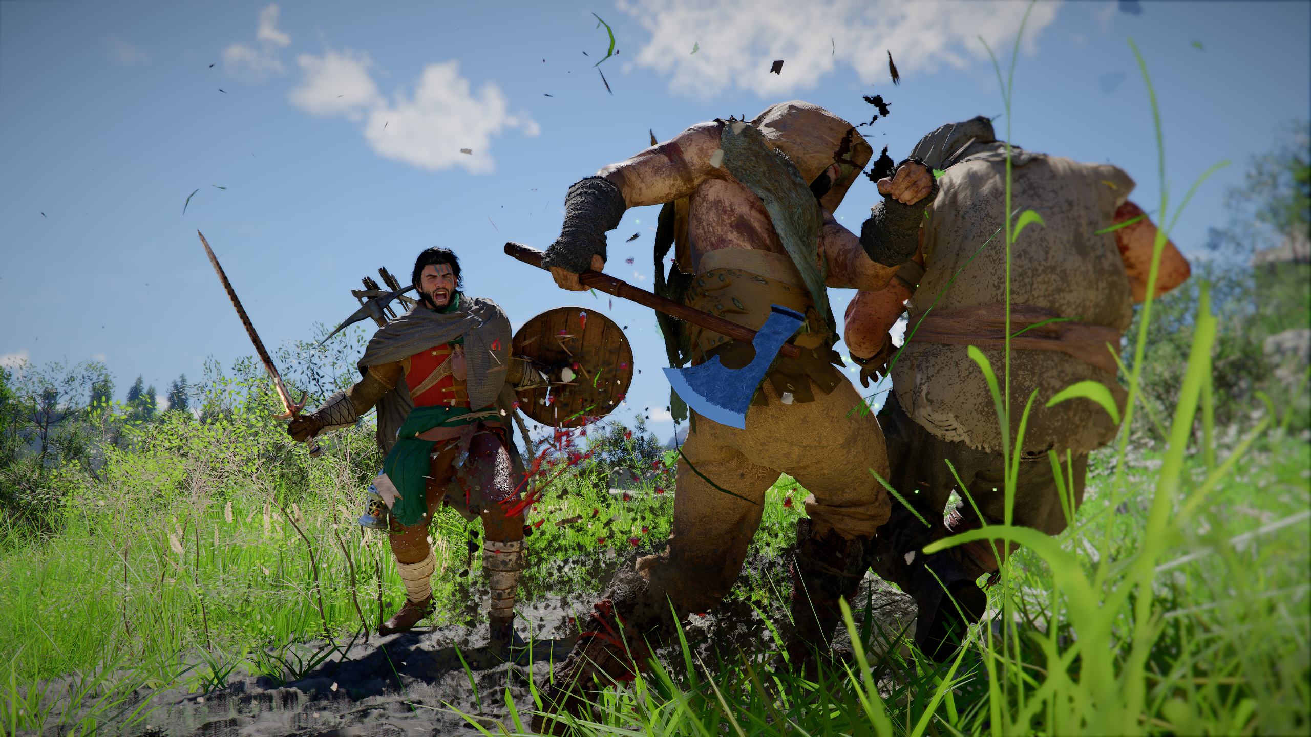 Crimson Desert Copper Pouches: Kliff shouting with his sword and shield out after attacking two bandits.