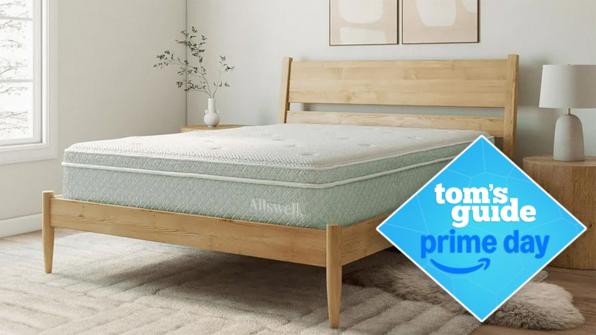 The Allswell Organic mattress on a bed, with a Tom&#039;s Guide Prime Day badge overlaid