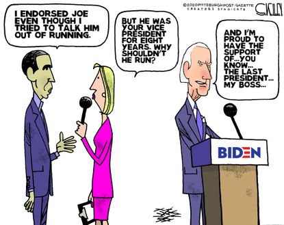 Political Cartoon U.S. Barack endorses Biden despite apprehension