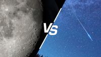 a two panel image showing a close up of the moon on the left and a meteor streaking through the sky on the right, there is a large white "vs" divider in the middle.