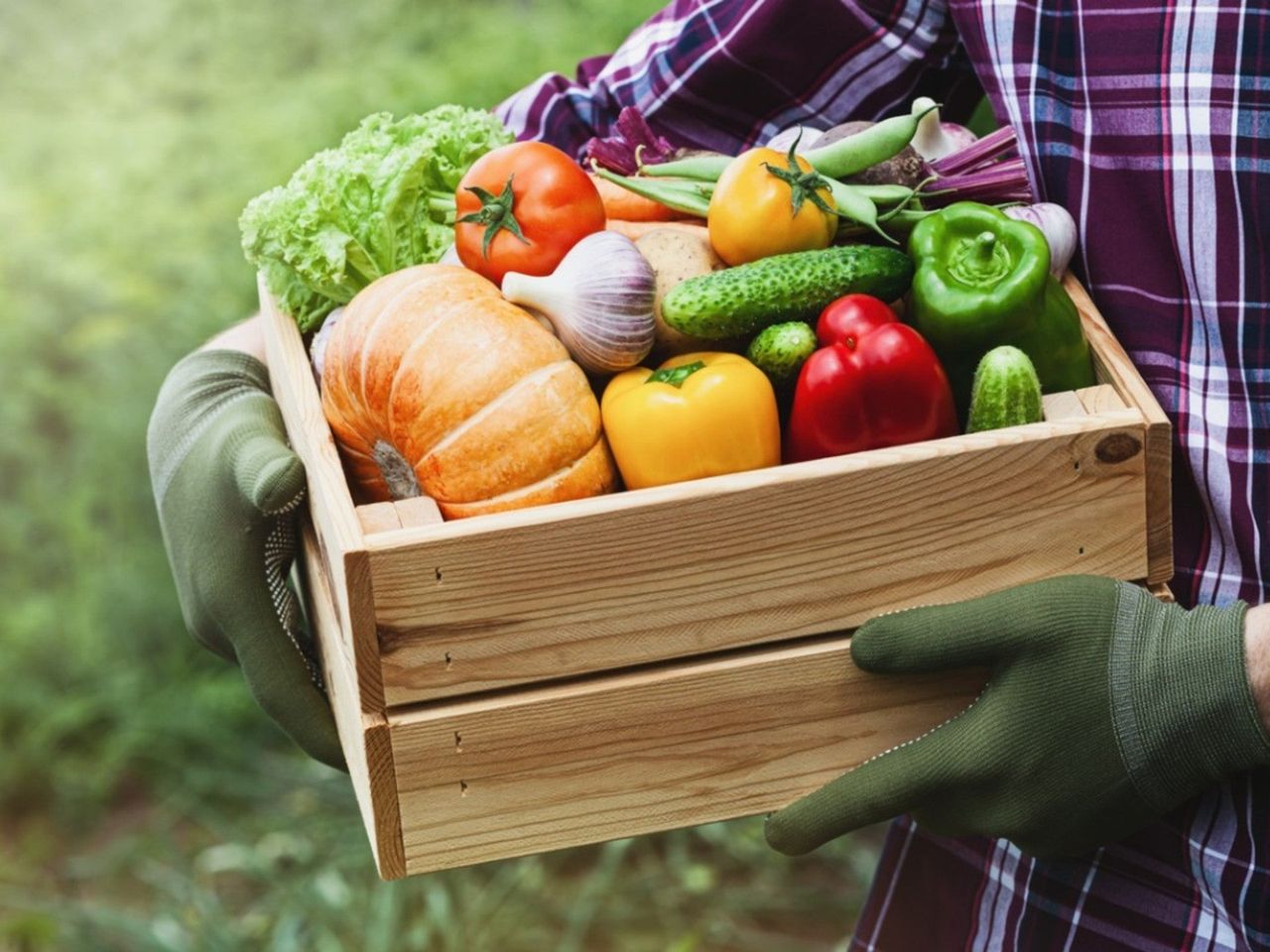 Gardener Holding A Wooden Crate Of Fresh Vegetables