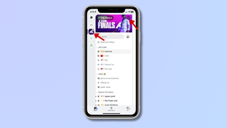 A screenshot of the Discord app on iPhone, with red arrows pointing at a server icon and at the three-dot menu icon. 