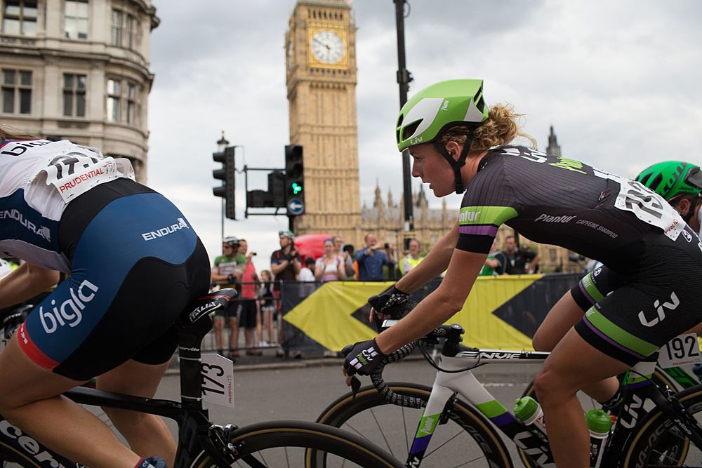 Floortje Mackaaij (NED) of Liv-Plantur Cycling Team turns onto Whitehall during the Prudential RideLondon Classique