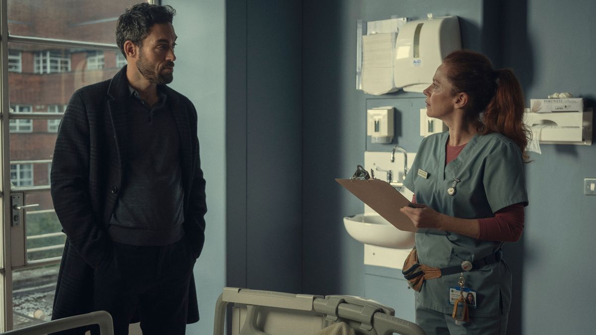 Two members of the Locked In cast: Doctor Lawrence (Alex Hassell) and Nurse Mackenzie (Anna Friel) in a hospital ward in the film