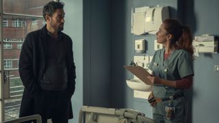 Two members of the Locked In cast: Doctor Lawrence (Alex Hassell) and Nurse Mackenzie (Anna Friel) in a hospital ward in the film