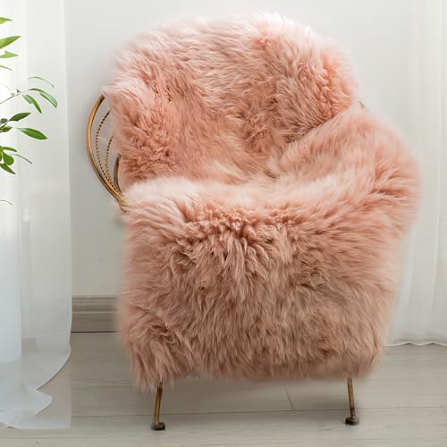 Ginamuse Premium Genuine Sheepskin Area Rug for Bedroom,real Fluffy Soft Wool Fur Carpet Natural Luxury Lambskin Rugs Seat Chair Covers for Couch Sofa Living Room(pink,2×3 Feet Sheepskin)
