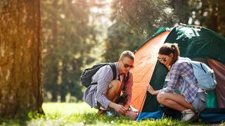 Young man and woman pitching tent in woodland in summer