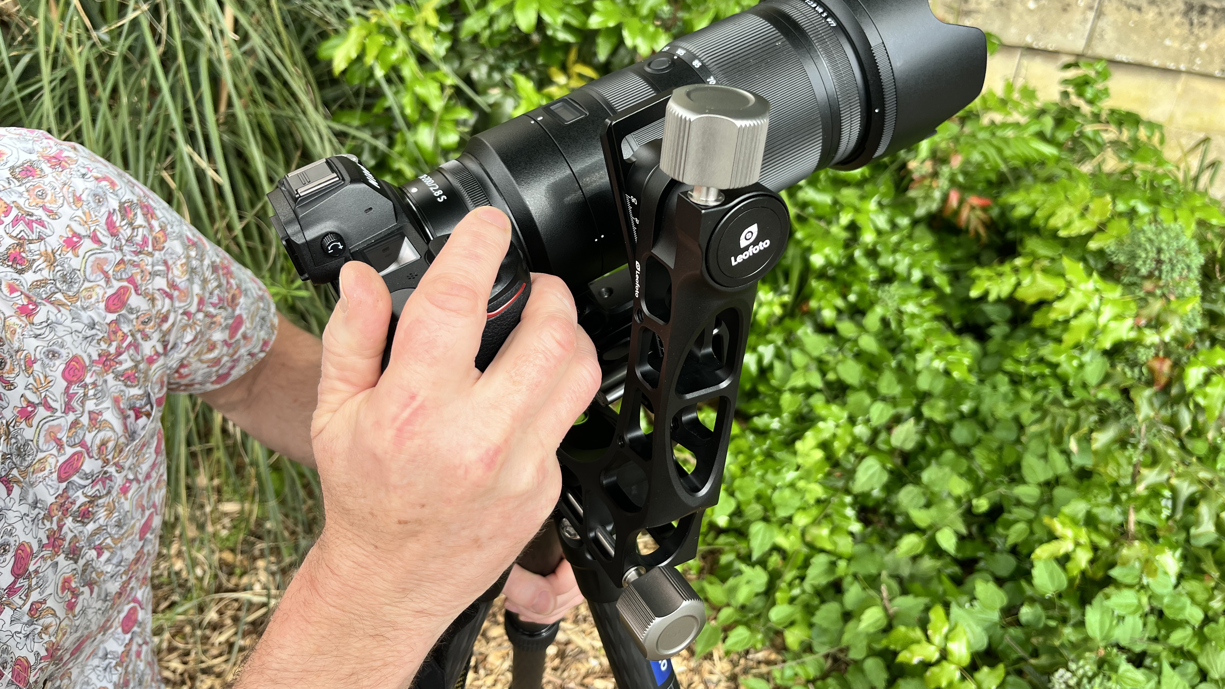 Leofoto PG-1 Gimbal head mounted on Leofoto tripod with Nikon camera and 70-200mm f/2.8 lens