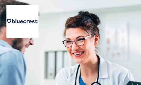 bluecrest logo top left with a female doctor smiling at patient 