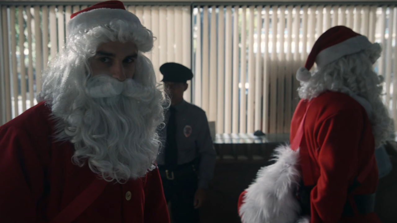 Santas robbing a bank in Novocaine