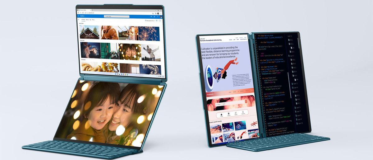 A Lenovo Yoga Book 9i in both waterfall and book modes