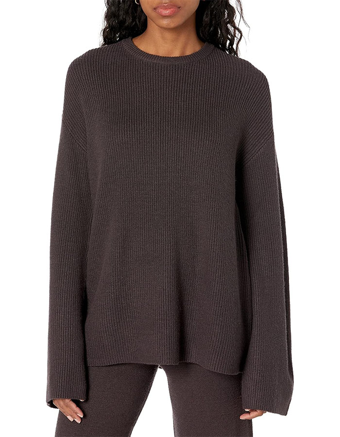 The Drop Women&#039;s Alice Crewneck Back Slit Ribbed Pullover Sweater, Chocolate, S