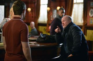 WARNING: Embargoed for publication until 00:00:01 on 12/01/2016 - Programme Name: Eastenders - TX: 18/01/2016 - Episode: 5213 (No. n/a) - Picture Shows: Lee tries to calm Phil down. Lee Carter (DANNY-BOY HATCHARD), Vincent (RICHARD BLACKWOOD), Phil Mitchell (STEVE MCFADDEN) - (C) BBC - Photographer: Kieron McCarron