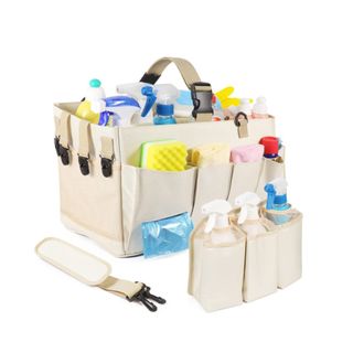 A fabric cleaning caddy with cleaning supplies in it