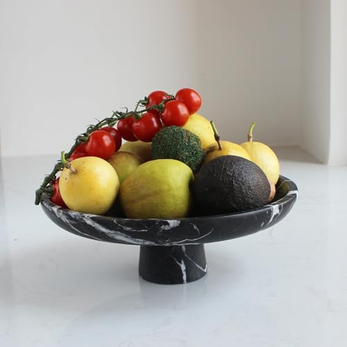 Natural Black Marble Fruit Bowl for Kitchen Counter 10.2&quot;, Large Decorative Bowl Pedestal for Home Decor, Fruits Holder for Dining Table - Kitchen Organization