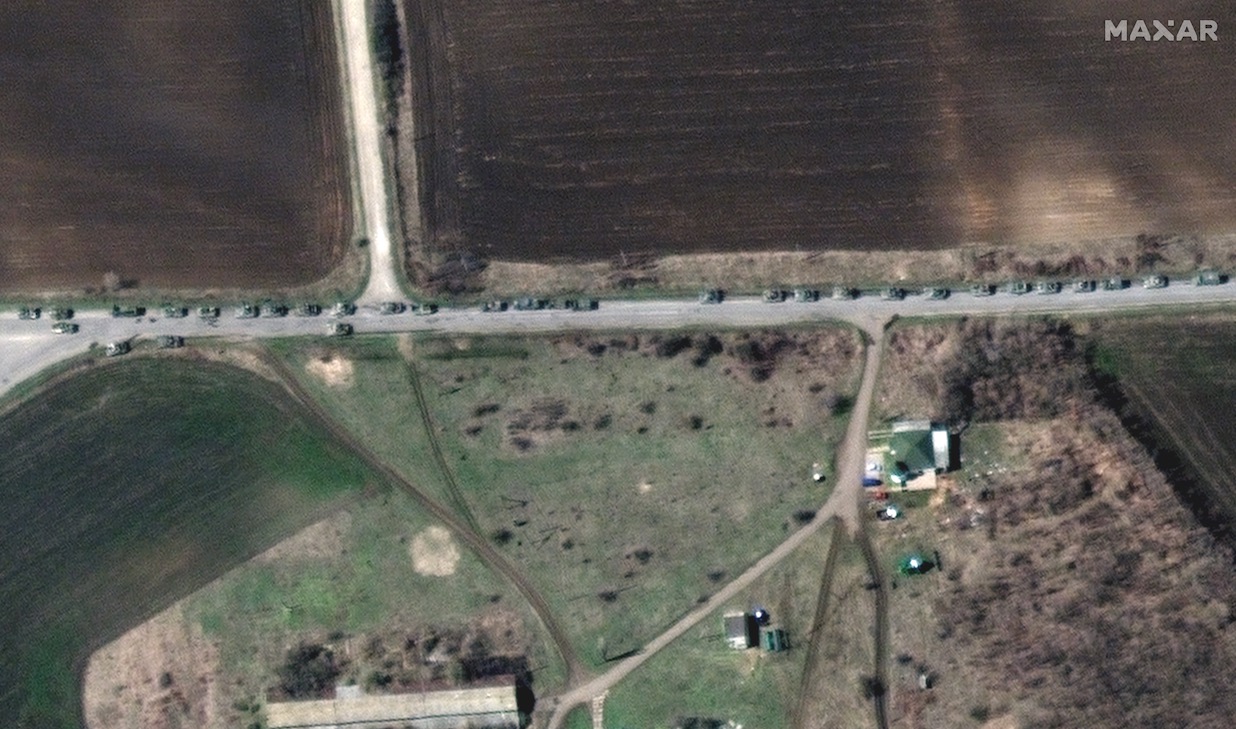 Zoomed-in view of a Russian military convoy near the Ukrainian town of Bilokurakyne, photographed on April 11, 2022, by Maxar Technologies' WorldView-2 satellite.