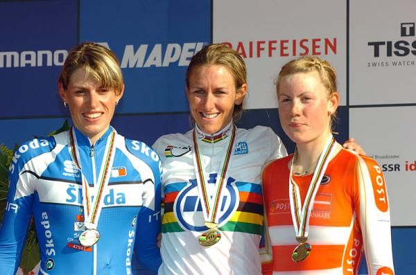 The women's time trial podium (L-R): Noemi Cantele (Italy), Kristin Armstrong (United States of America) and Linda Melanie Villumsen (Denmark).