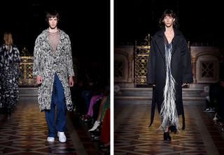 Sharon Wauchob S/S 2019 - Models wearing patterned trench, blue trousers and feather dress with black trench