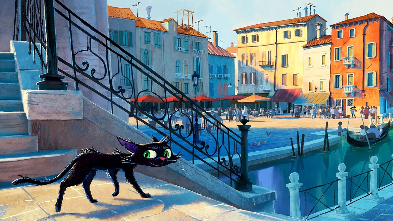 A screenshot of Disney Pixar movie Gatto, showing a black cat walking near a pier