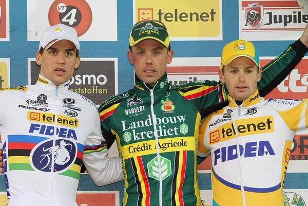 The elite men's podium (l-r): Zdenek Stybar, Sven Nys and Kevin Pauwels.