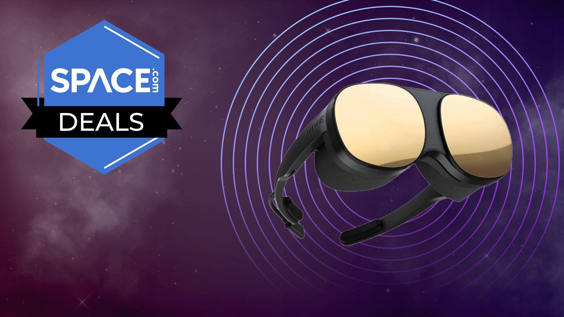 A large pair of goggles sit in the middle of a set of rings on a purple starry background with the space.com logo in the top left corner.
