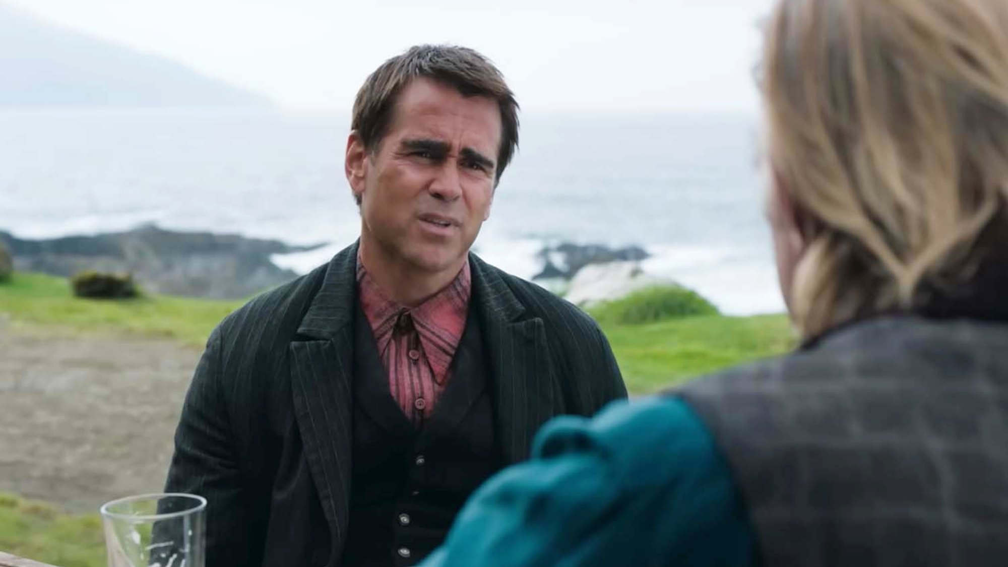 Colin Farrell (as Pádraic), looking confused at Brendan Gleeson (as Colm) in The Banshees of Inisherin