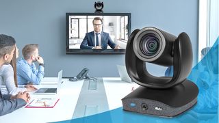 The new AVer 4K audio tracking camera in use during a videoconference in a mid-size meeting room. 