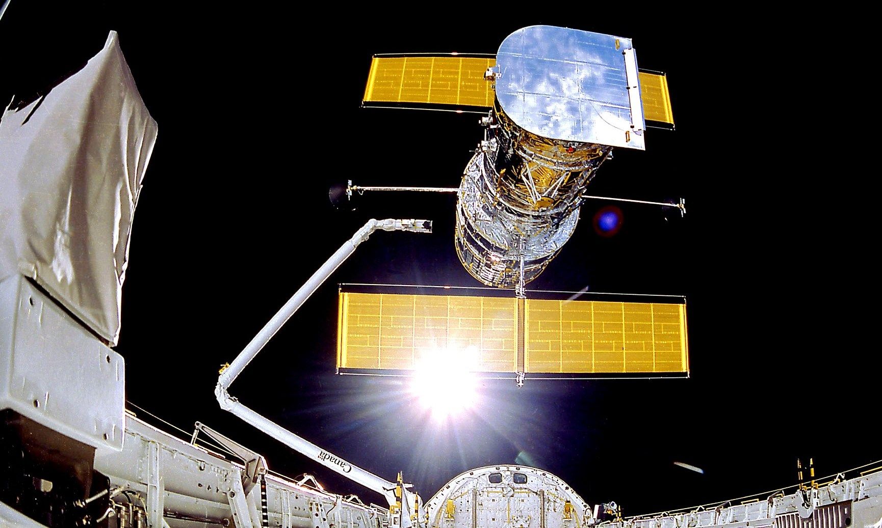 The Hubble Space Telescope was originally deployed on April 25, 1990, from the space shuttle Discovery.