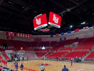 The new SNA Display centerhung video board at the Lamar University basketball arena.