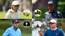 Four golfers pose, with four trophies in circles