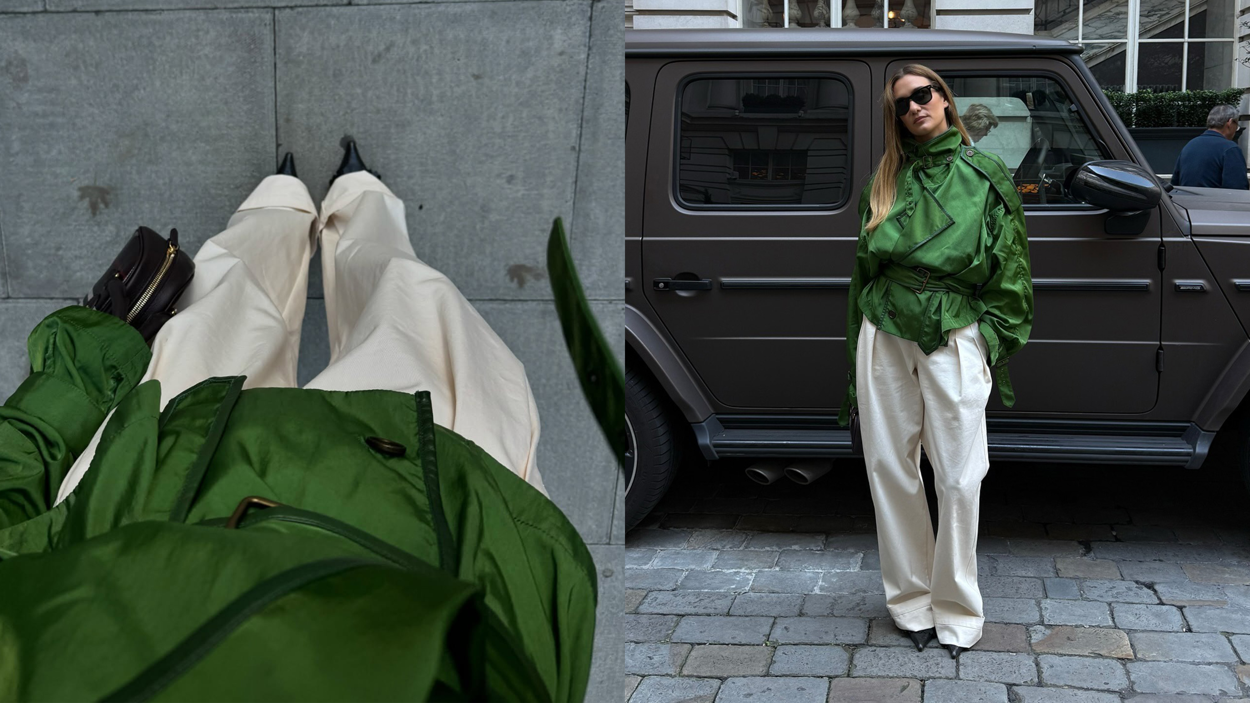 @annelauremais wearing a green Burberry cropped trench coat with white pants.