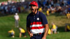 Max Homa of Team United States celebrates on the 18th green during the Sunday singles matches of the 2023 Ryder Cup at Marco Simone Golf Club 