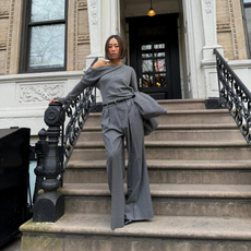 Influencer Aimee Song wears a top with wide-leg trousers wile out in New York.