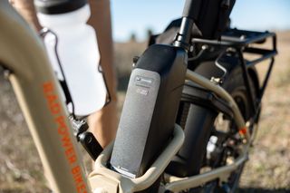 A black Safe Shield Rad Power Bikes battery close-up