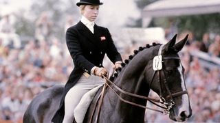 Princess Anne rides her horse "Goodwill" during the dressage part of the European three-day Championship in Luhmulen in 1975