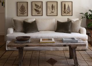 Farmhouse decor ideas, cream sofa on brown striped rug, four pieces of artwork, pressed flower style, wooden coffee table