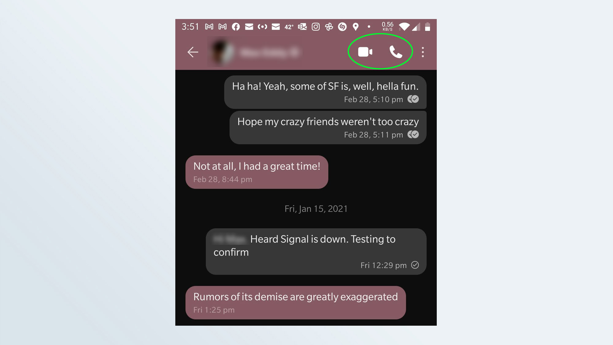 A screenshot of the video chat and phone call options in the Signal Android app.