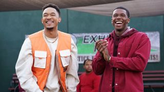 Peyton Alex Smith as Damon Sims and Martin Bobb-Semple as Lando laughing in All American: Homecoming season 3