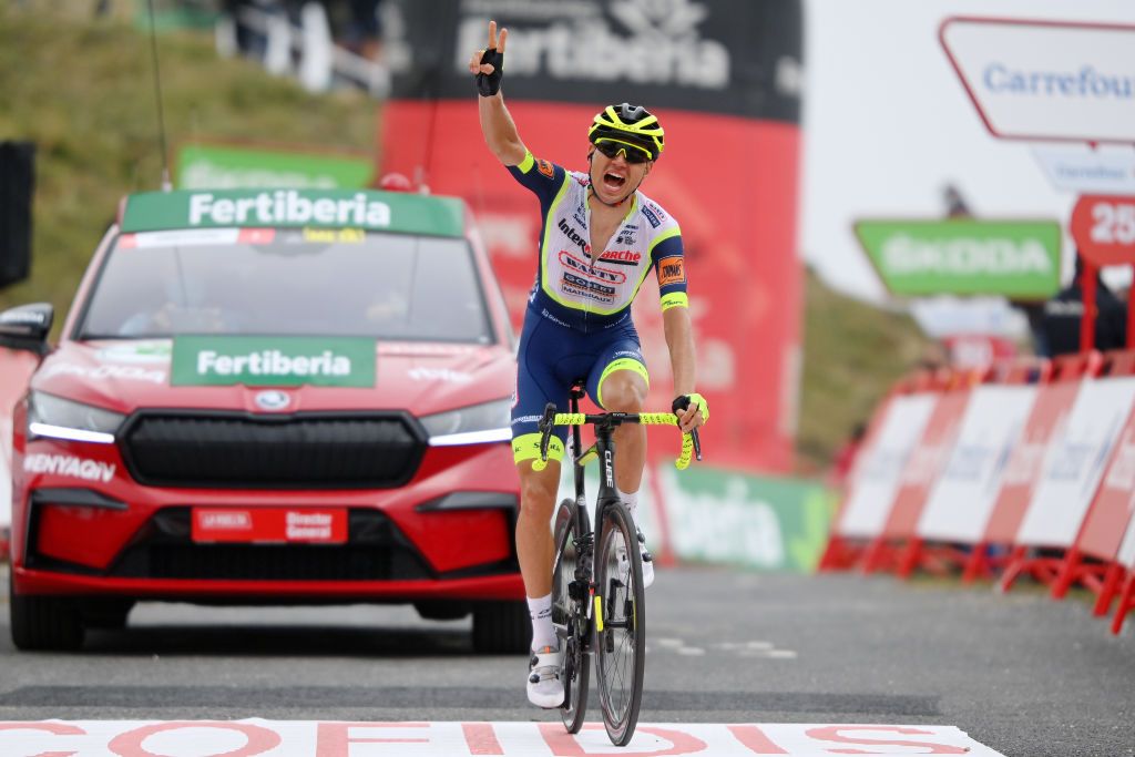 ESPINOSA DE LOS MONTEROS SPAIN AUGUST 16 Rein Taarame of Estonia and Team Intermarch Wanty Gobert Matriaux celebrates winning during the 76th Tour of Spain 2021 Stage 3 a 2028km stage from Santo Domingo de Silos to Espinosa de los Monteros Picn Blanco 1485m lavuelta LaVuelta21 CapitalMundialdelCiclismo on August 16 2021 in Espinosa de los Monteros Spain Photo by Stuart FranklinGetty Images
