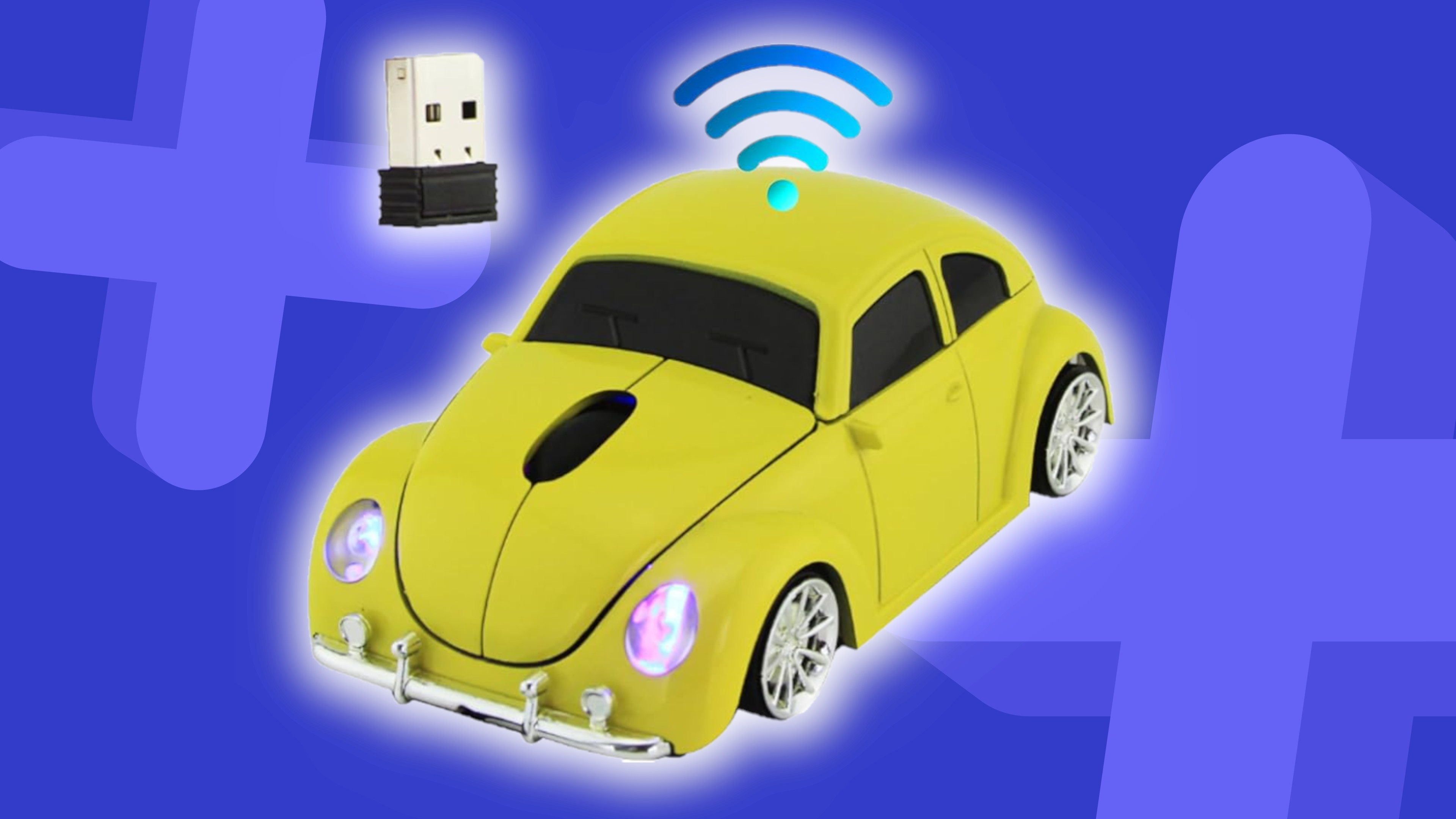 Elec Space car mouse in yellow on a blue background