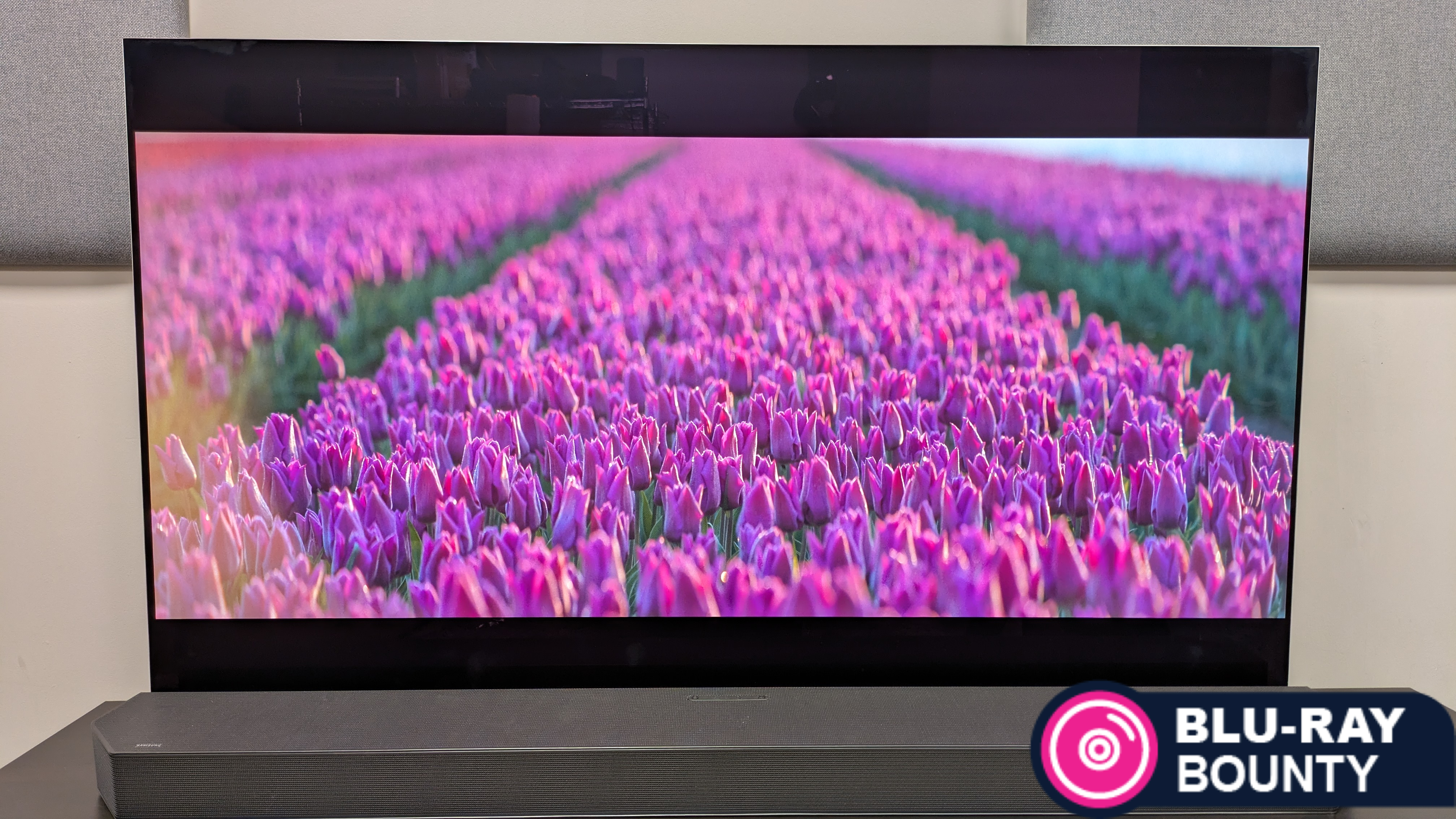 Blu-ray Bounty March 2026 hero image showing pink flowers from Wicked: For Good on LG G5 