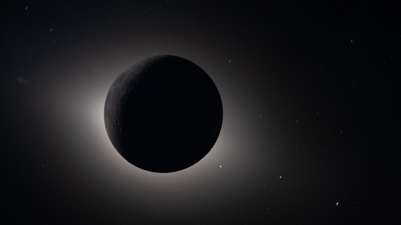 Wisps of light appear around the edges of the dark lunar disc.