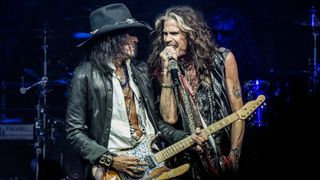 Joe Perry and Steven Tyler of Aerosmith perform live on stage at the Wells Fargo Center on September 02, 2023 in Philadelphia, Pennsylvania. 